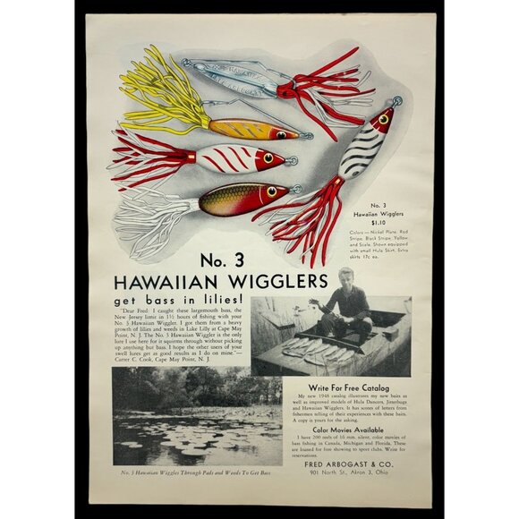 Hawaiian Wigglers No 3 Vintage Print Ad 40s Fishing Lures Fred Arbogast Akron OH - Picture 1 of 6